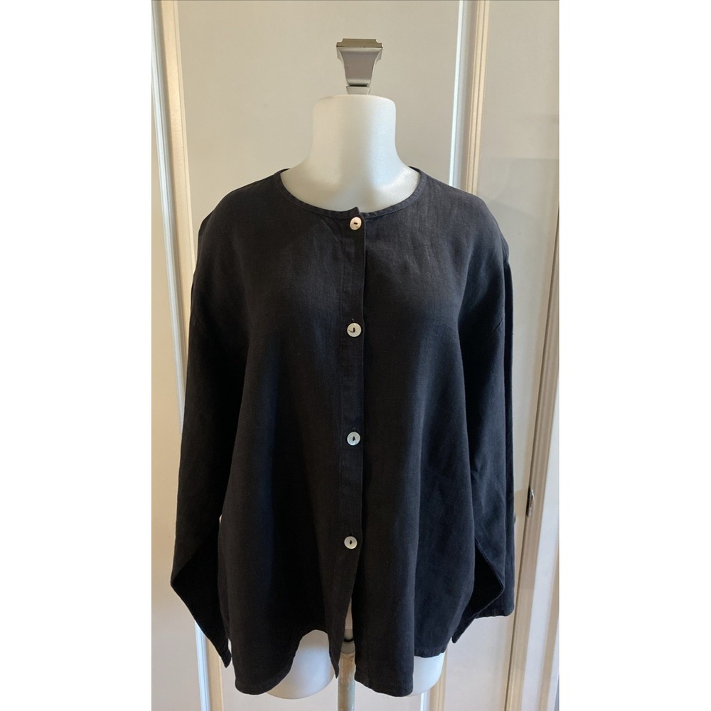 Russ‎ Berens Top Womens 100% Linen Black Button Front Made in USA Size Large
